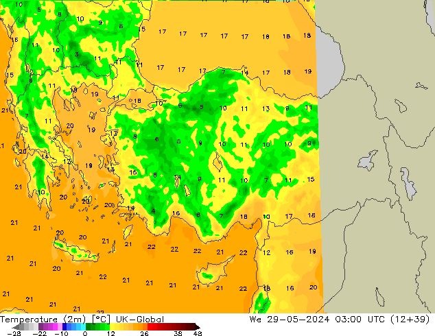 Temperatura (2m) UK-Global Qua 29.05.2024 03 UTC