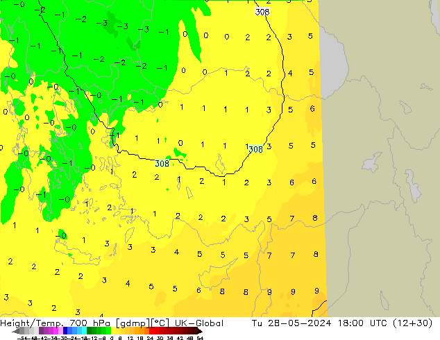 Géop./Temp. 700 hPa UK-Global mar 28.05.2024 18 UTC