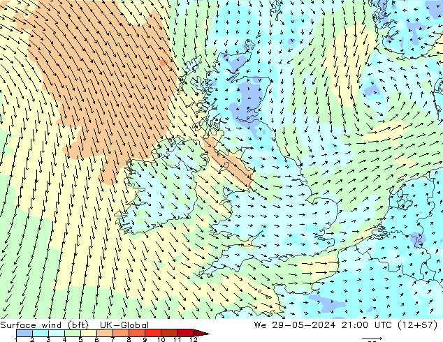Surface wind (bft) UK-Global We 29.05.2024 21 UTC
