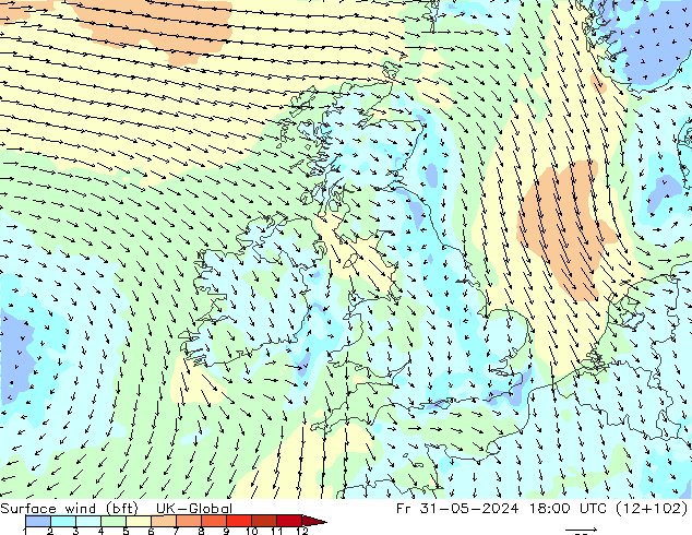 Vento 10 m (bft) UK-Global ven 31.05.2024 18 UTC