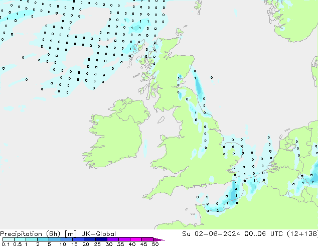 Precipitation (6h) UK-Global Su 02.06.2024 06 UTC