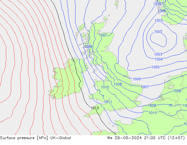 Surface pressure UK-Global We 29.05.2024 21 UTC