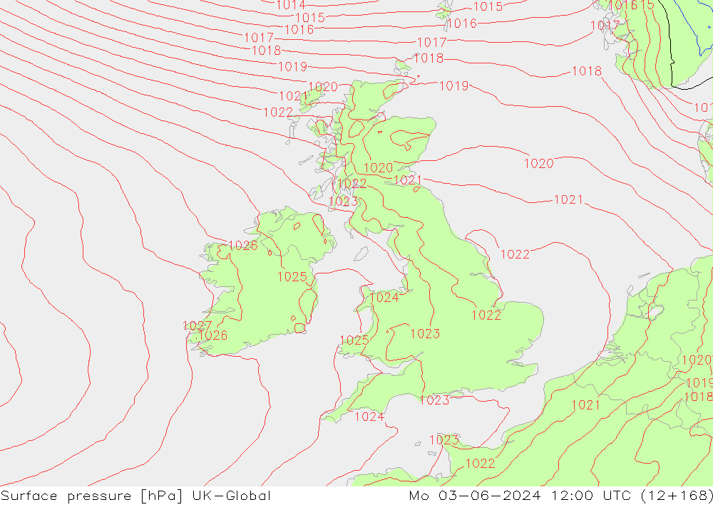 Surface pressure UK-Global Mo 03.06.2024 12 UTC