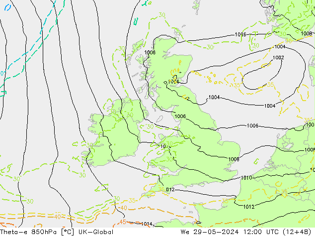 Theta-e 850hPa UK-Global St 29.05.2024 12 UTC