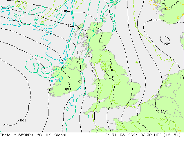 Theta-e 850hPa UK-Global ven 31.05.2024 00 UTC