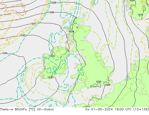 Theta-e 850hPa UK-Global sam 01.06.2024 18 UTC
