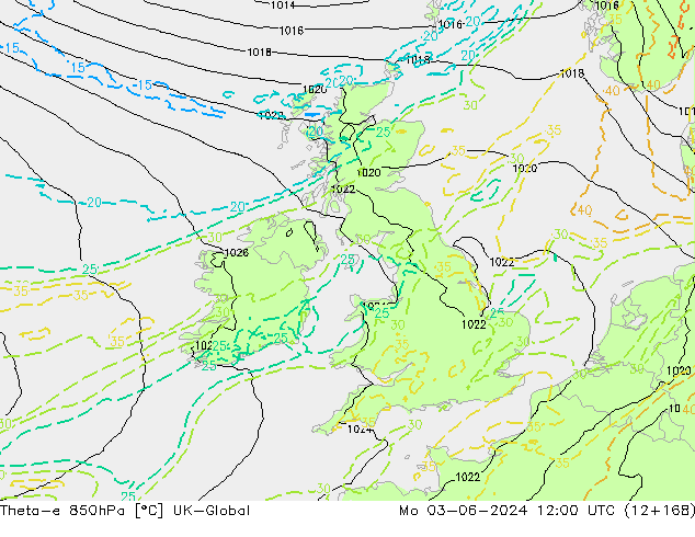 Theta-e 850hPa UK-Global Pzt 03.06.2024 12 UTC