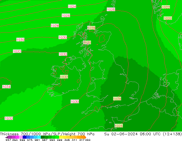 Thck 700-1000 hPa UK-Global nie. 02.06.2024 06 UTC