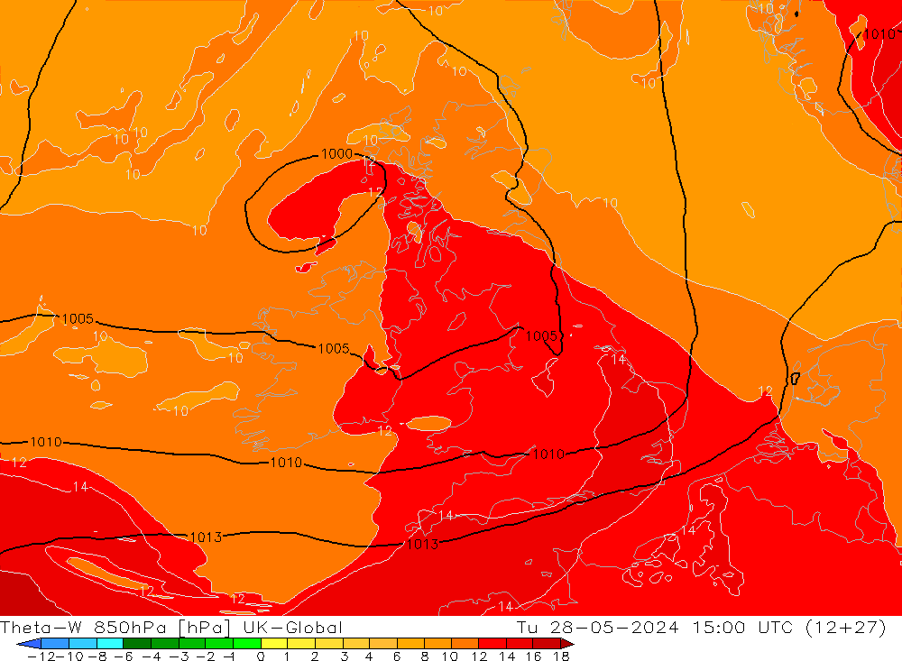 Theta-W 850hPa UK-Global Út 28.05.2024 15 UTC