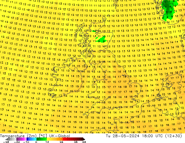 Temperature (2m) UK-Global Tu 28.05.2024 18 UTC