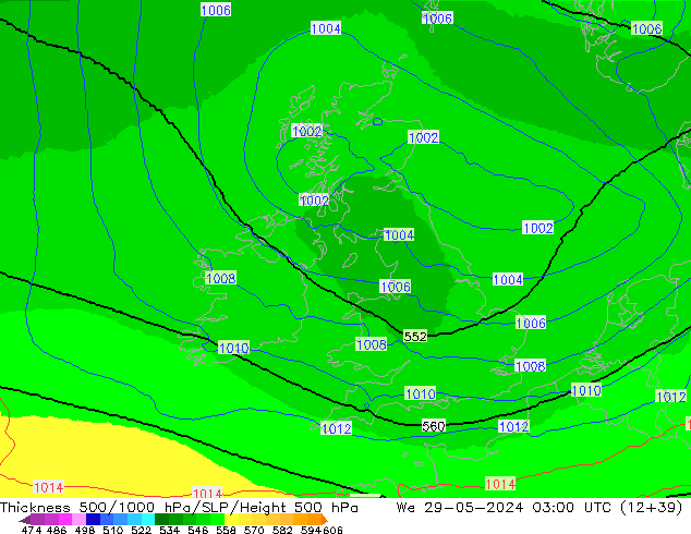 Thck 500-1000hPa UK-Global St 29.05.2024 03 UTC