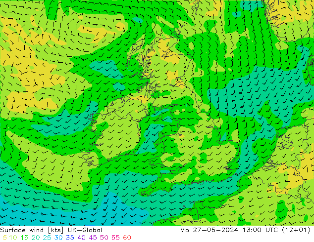 ветер 10 m UK-Global пн 27.05.2024 13 UTC