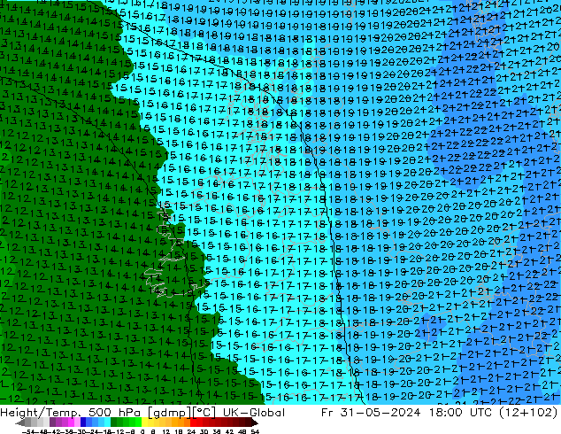 Height/Temp. 500 hPa UK-Global ven 31.05.2024 18 UTC