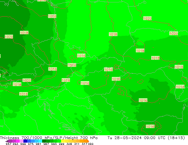 Espesor 700-1000 hPa UK-Global mar 28.05.2024 09 UTC