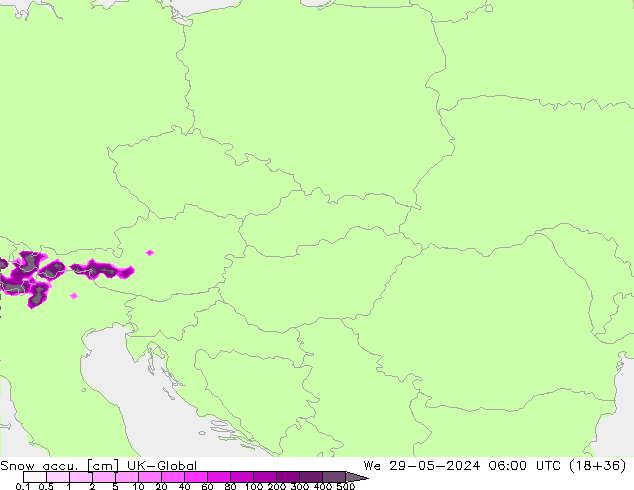 Snow accu. UK-Global mer 29.05.2024 06 UTC