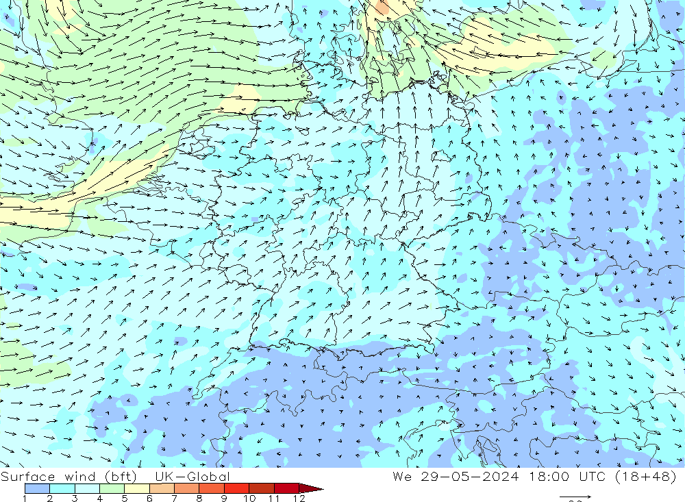 Surface wind (bft) UK-Global We 29.05.2024 18 UTC