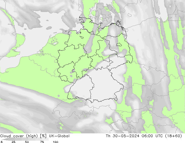 Cloud cover (high) UK-Global Th 30.05.2024 06 UTC