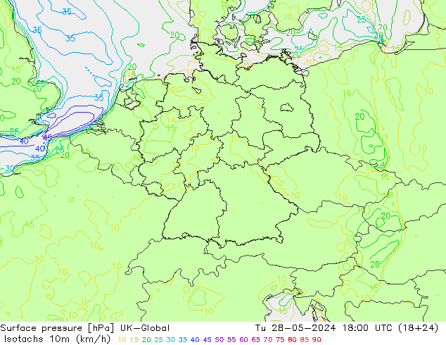 Isotaca (kph) UK-Global mar 28.05.2024 18 UTC