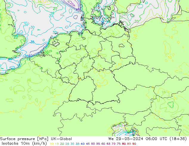 Isotachs (kph) UK-Global Qua 29.05.2024 06 UTC