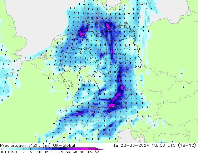 Precipitazione (12h) UK-Global mar 28.05.2024 06 UTC