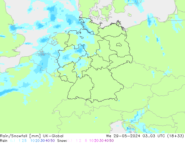 Rain/Snowfall UK-Global mer 29.05.2024 03 UTC