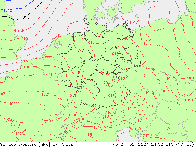 Surface pressure UK-Global Mo 27.05.2024 21 UTC