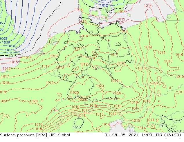 Surface pressure UK-Global Tu 28.05.2024 14 UTC