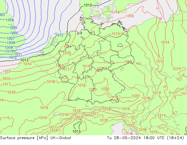 Atmosférický tlak UK-Global Út 28.05.2024 18 UTC