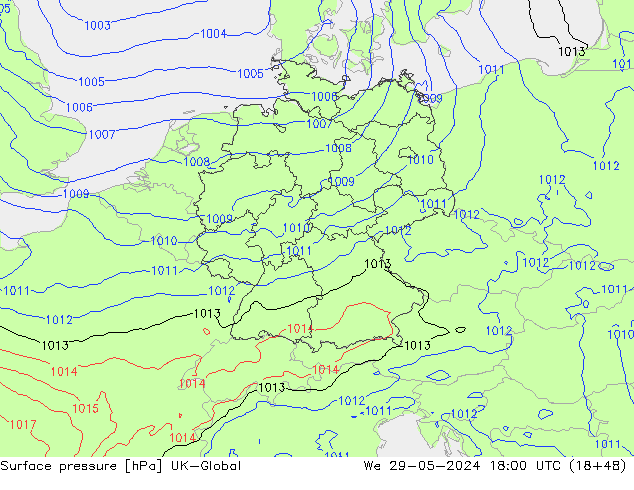 Pressione al suolo UK-Global mer 29.05.2024 18 UTC