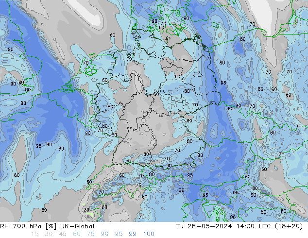 Humedad rel. 700hPa UK-Global mar 28.05.2024 14 UTC
