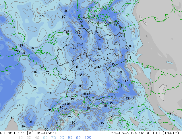 Humidité rel. 850 hPa UK-Global mar 28.05.2024 06 UTC