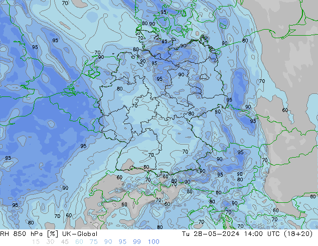 RH 850 hPa UK-Global Tu 28.05.2024 14 UTC