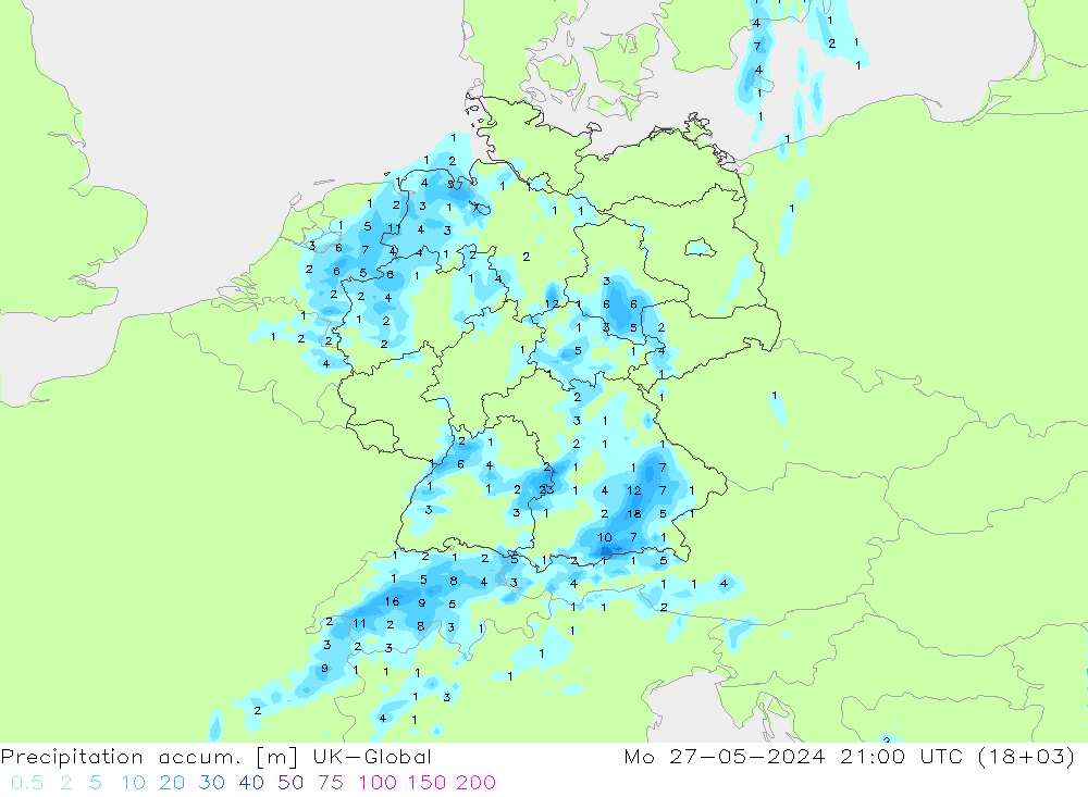 Precipitation accum. UK-Global Mo 27.05.2024 21 UTC
