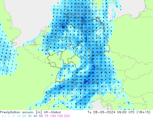 Precipitation accum. UK-Global Út 28.05.2024 09 UTC