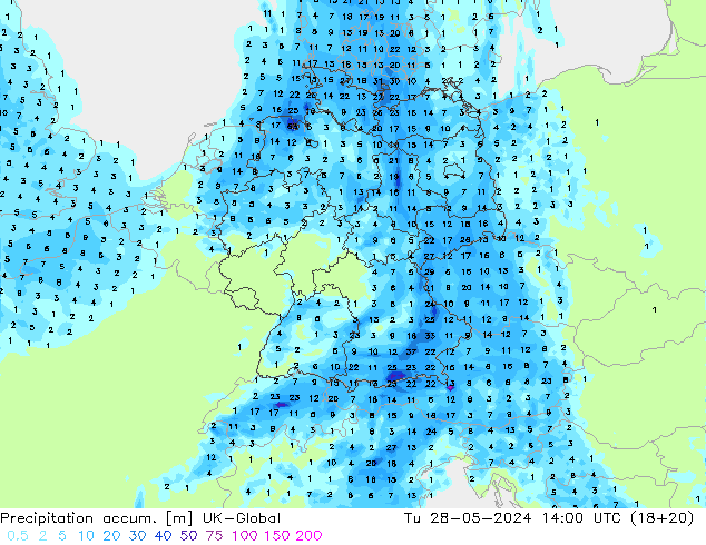 Precipitation accum. UK-Global Tu 28.05.2024 14 UTC