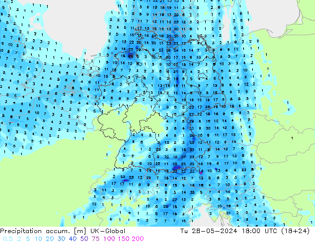 Precipitation accum. UK-Global Tu 28.05.2024 18 UTC