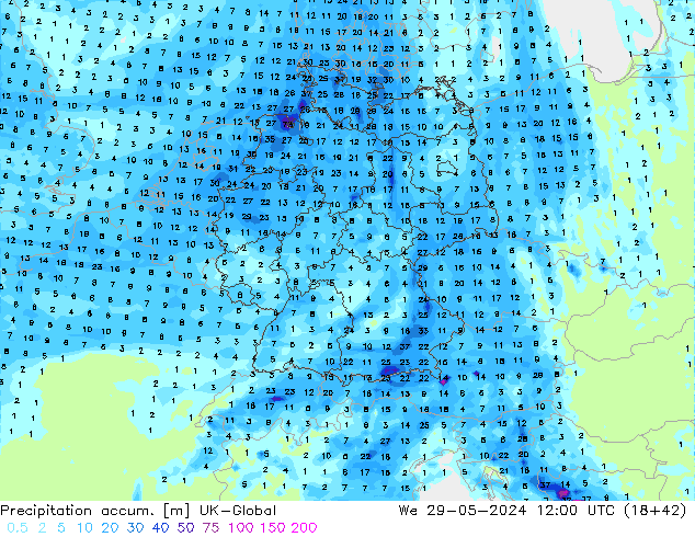 Precipitation accum. UK-Global We 29.05.2024 12 UTC