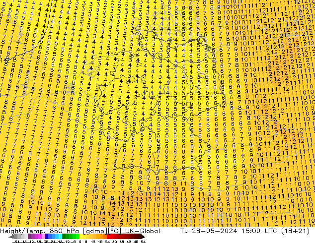 Height/Temp. 850 hPa UK-Global 星期二 28.05.2024 15 UTC