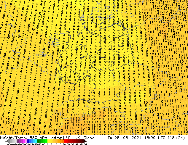 Height/Temp. 850 hPa UK-Global Út 28.05.2024 18 UTC