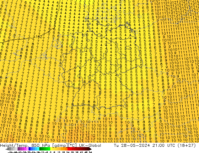 Hoogte/Temp. 850 hPa UK-Global di 28.05.2024 21 UTC