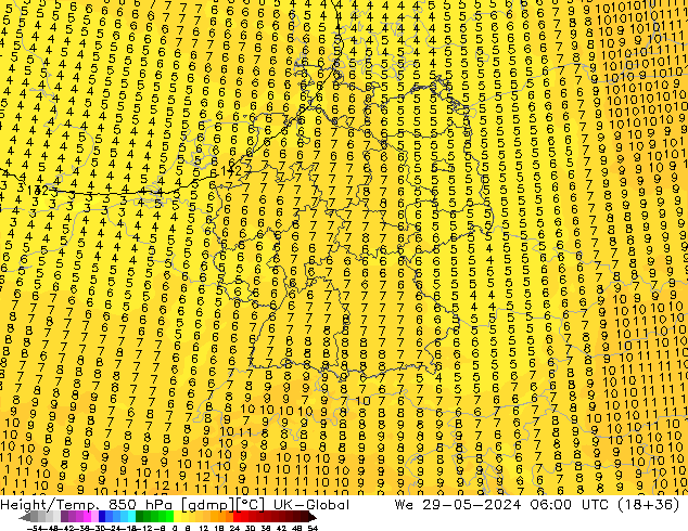 Height/Temp. 850 hPa UK-Global śro. 29.05.2024 06 UTC