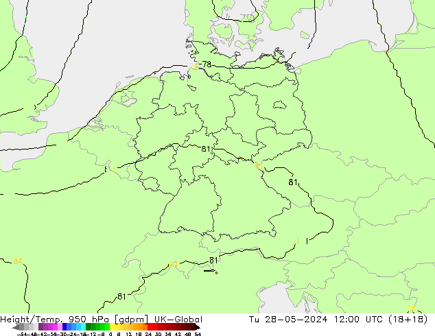 Height/Temp. 950 hPa UK-Global Tu 28.05.2024 12 UTC