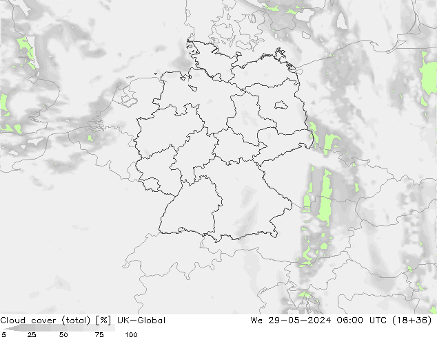 zachmurzenie (suma) UK-Global śro. 29.05.2024 06 UTC