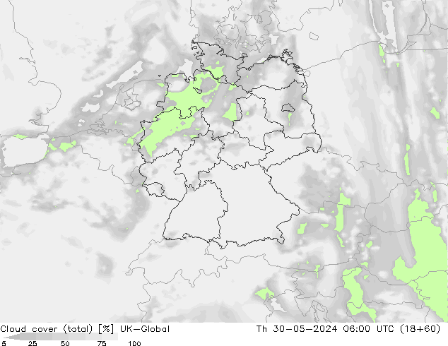 Bewolking (Totaal) UK-Global do 30.05.2024 06 UTC