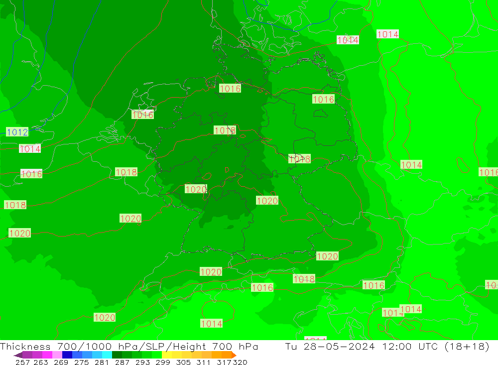 Thck 700-1000 hPa UK-Global Út 28.05.2024 12 UTC