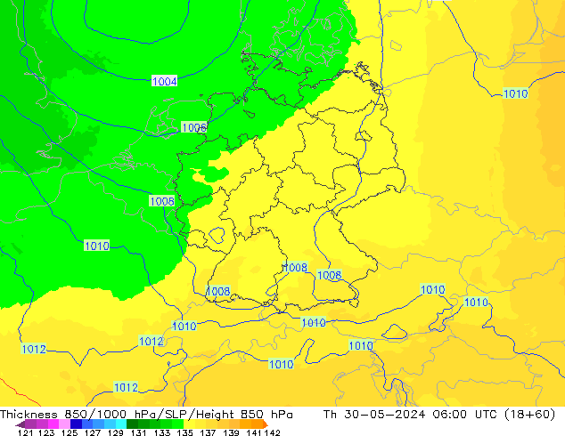 Thck 850-1000 hPa UK-Global gio 30.05.2024 06 UTC