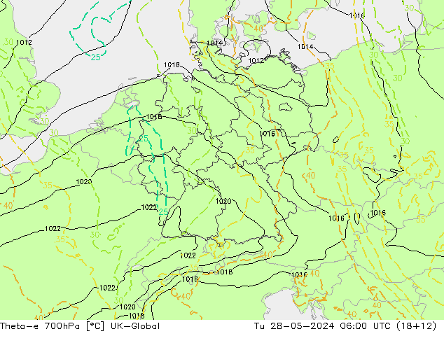 Theta-e 700hPa UK-Global  28.05.2024 06 UTC