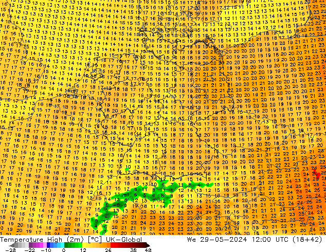 Nejvyšší teplota (2m) UK-Global St 29.05.2024 12 UTC