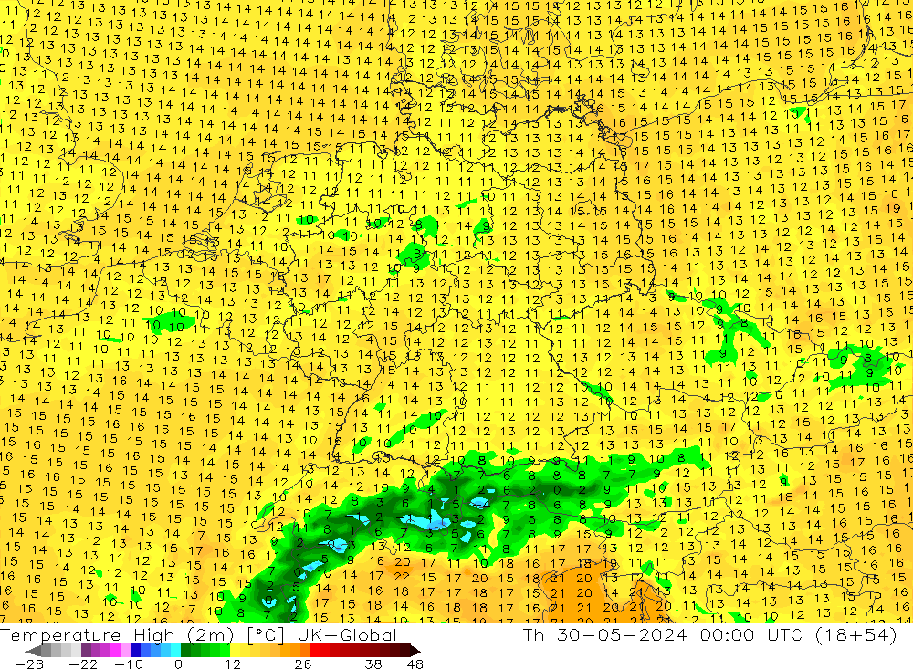 Temperature High (2m) UK-Global Th 30.05.2024 00 UTC