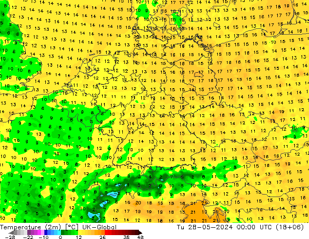 Temperature (2m) UK-Global Tu 28.05.2024 00 UTC